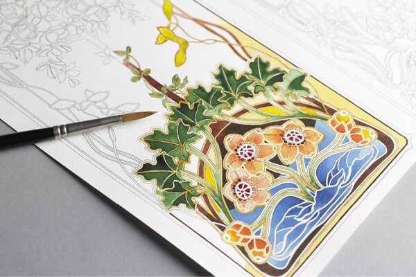 Art Nouveau krāsojamā grāmata ar akvareļu papīru / 25 x 34 cm