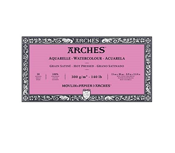 Akvareļu papīrs: Arches 100% kokvilna /bloks/ HOT PRESSED / 15 cm x 30 cm