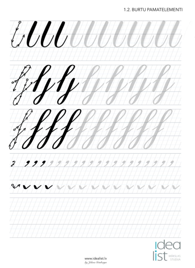 Brush Lettering Darba lapas .PDF formāts /latviešu alfabēts; klasiskais stils