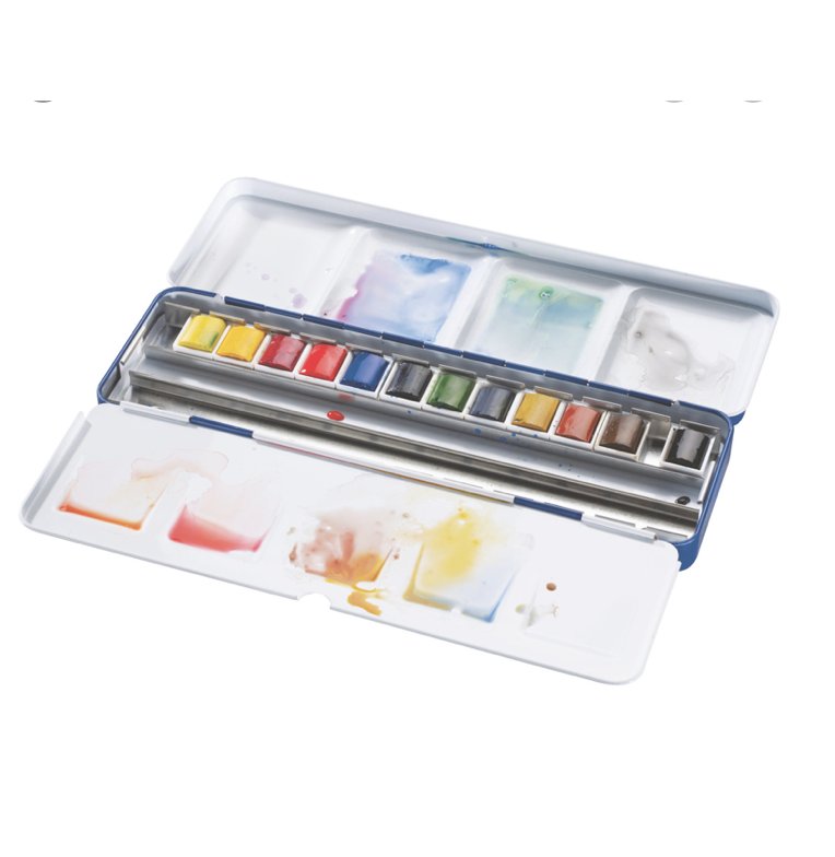 Winsor&Newton COTMAN 1/2 akvareļkrāsu kubiņu 12 krāsu komplekts metāla kastē