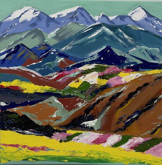 Kalnu ainava (50 × 50 cm, akrils uz audekla)