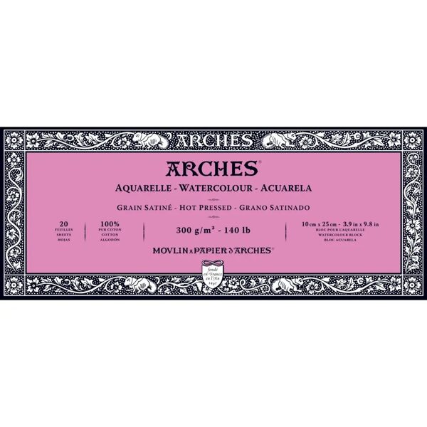 Akvareļu papīrs: Arches 100% kokvilna /bloks/ HOT PRESSED / 10 cm x 25 cm