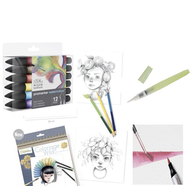 Komplekts 4: krāsojamā grāmata Coloriage Wild 5 + 12 akvareļu marķieri W&N + aqua-brush ota