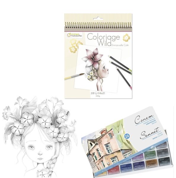 Komplekts 5: krāsojamā grāmata: "Coloriage Wild" un akvareļu 24 krāsu komplekts Sonnet